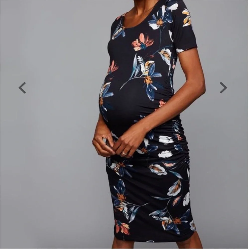 NWT Yumi Kim Blossom Sky Maternity Dress Size L Floral Bodycon Stretch Shirred